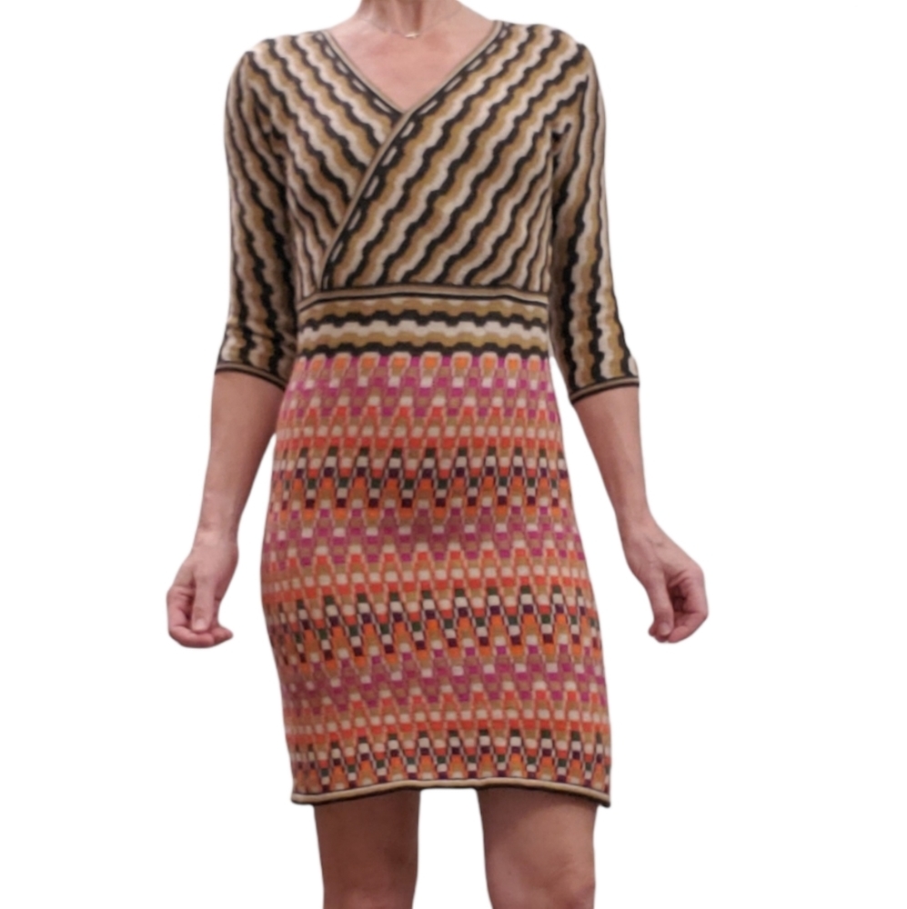 Trina Turk Merino Wool Midi Sweater Dress for Women V Neck Faux Wrap Dress Small